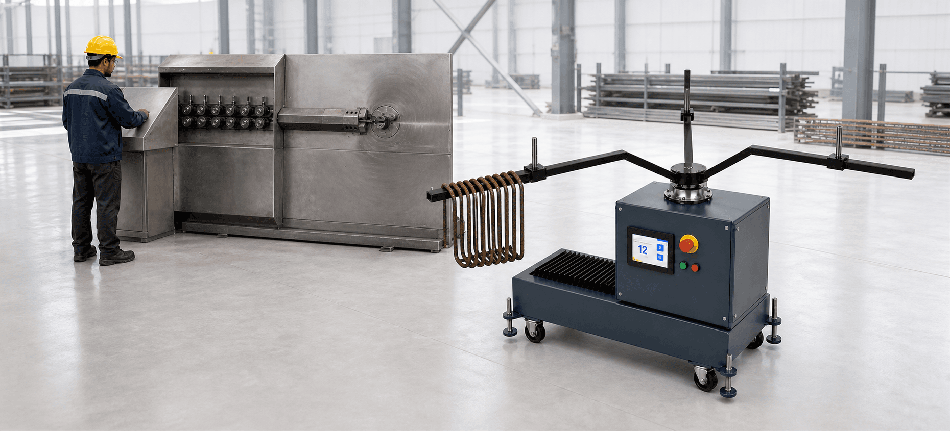 Construction & Reinforcement Steel - Automation for rebar stirrup bending, ring collection and material handling on reinforcement steel lines.