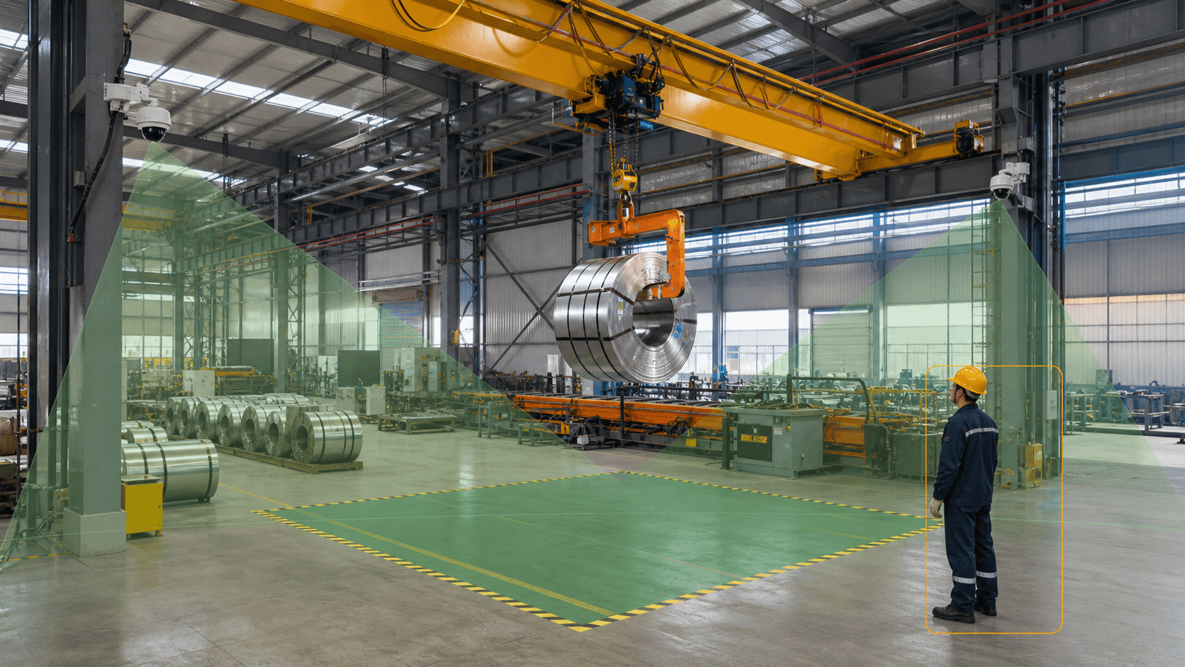 AI camera coverage monitoring workers around overhead industrial equipment