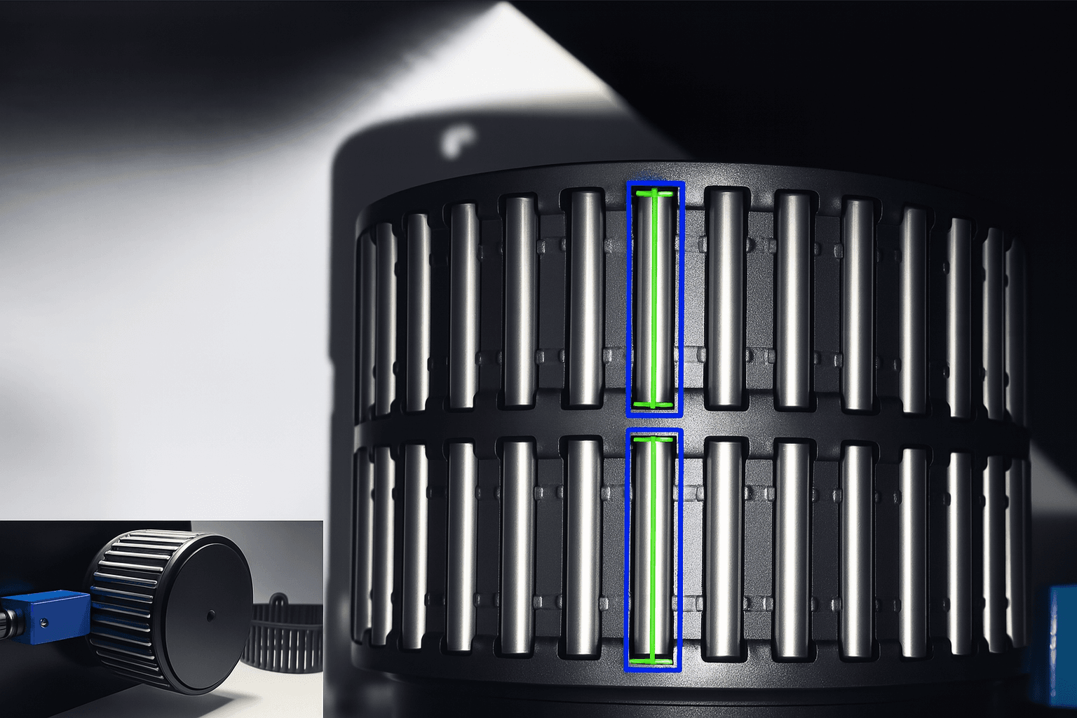 Needle Roller Bearing Inspection - Automated diameter measurement and surface defect detection for needle roller bearings.