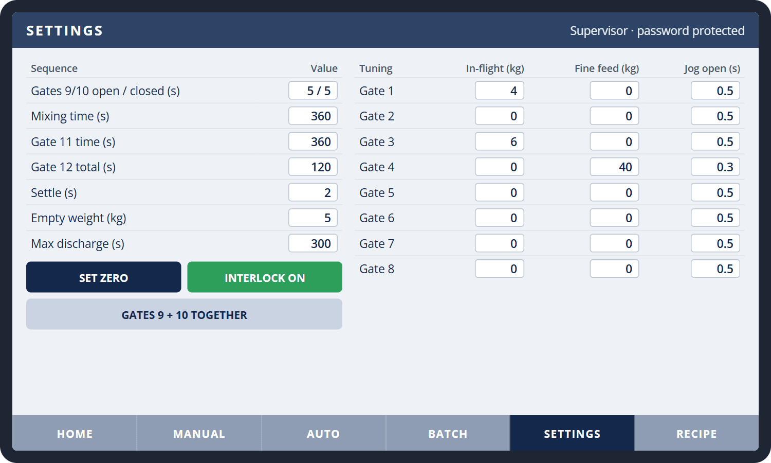 SETTINGS screen: sequence times, scale zero, mixer interlock and per-gate in-flight and fine-feed tuning