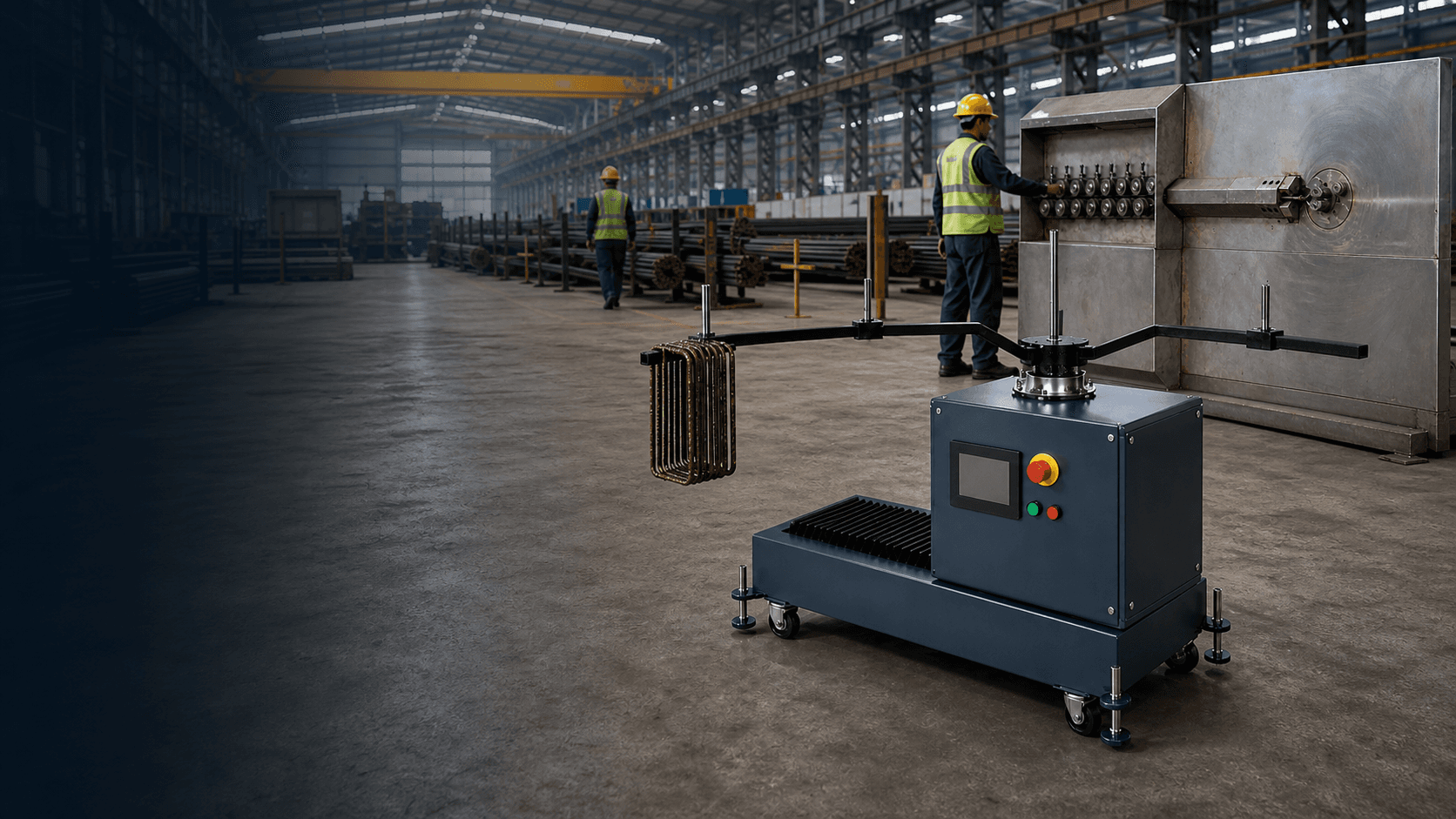 Automatic Stirrup Collection for Rebar Bending - Three-arm rotary collector taking finished stirrups off a bending machine automatically, running in daily production since January 2026.
