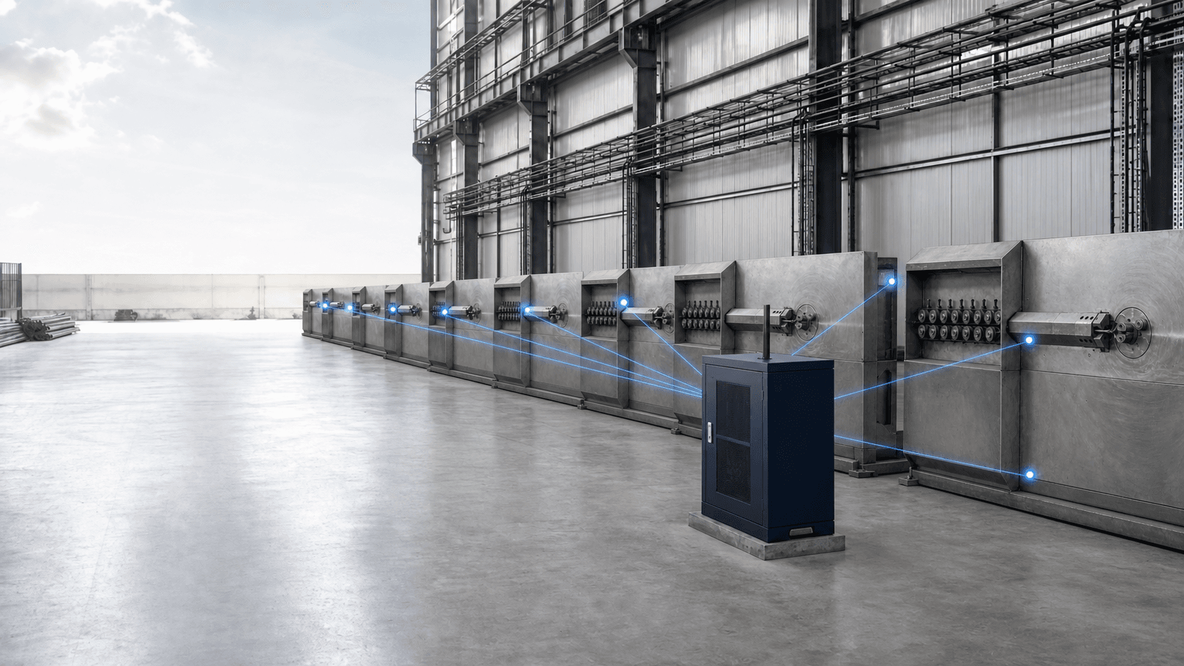 Row of rebar bending machines networked to an on-site EdgeIoTOne server cabinet