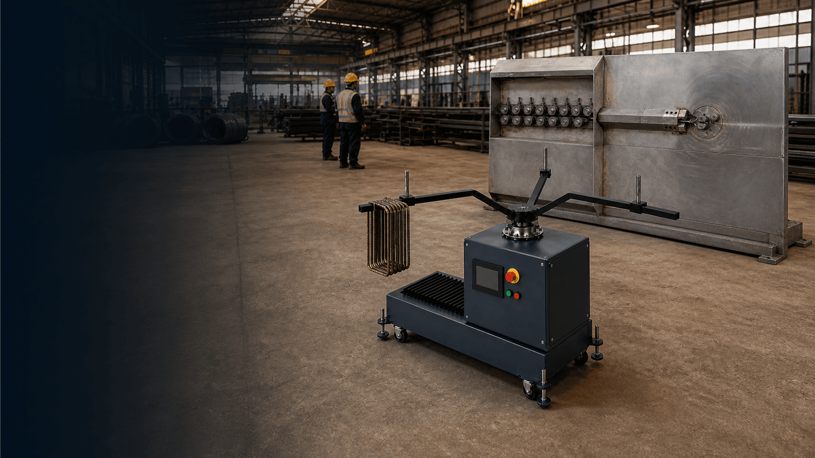 Ring Collector 2.0 beside a rebar stirrup bending machine on a steel service centre floor